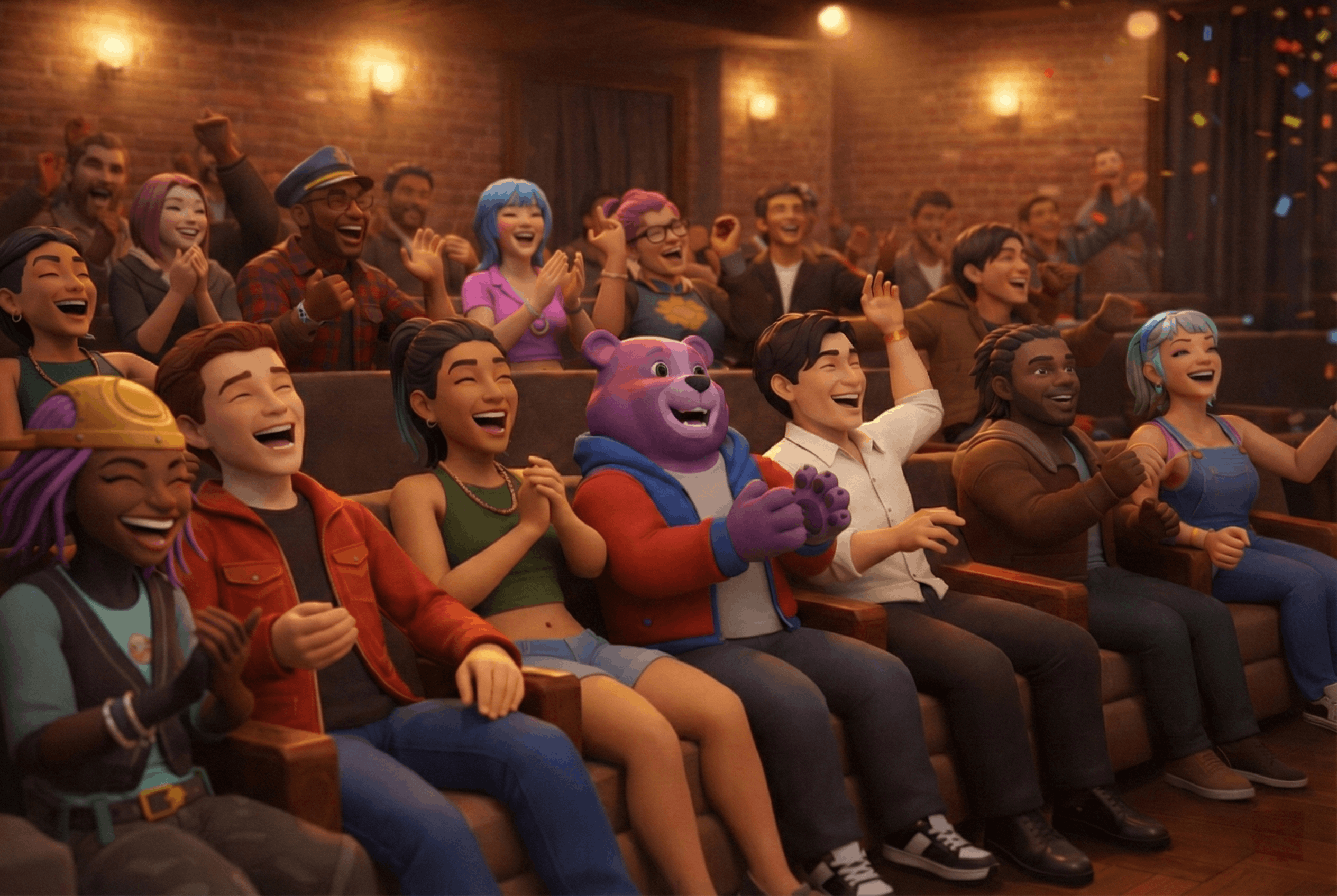 Wide shot of a VR comedy club audience — diverse group of colorful avatars sitting in a brick-walled comedy club, laughing and cheering, warm stage lighting, gold and red tones.