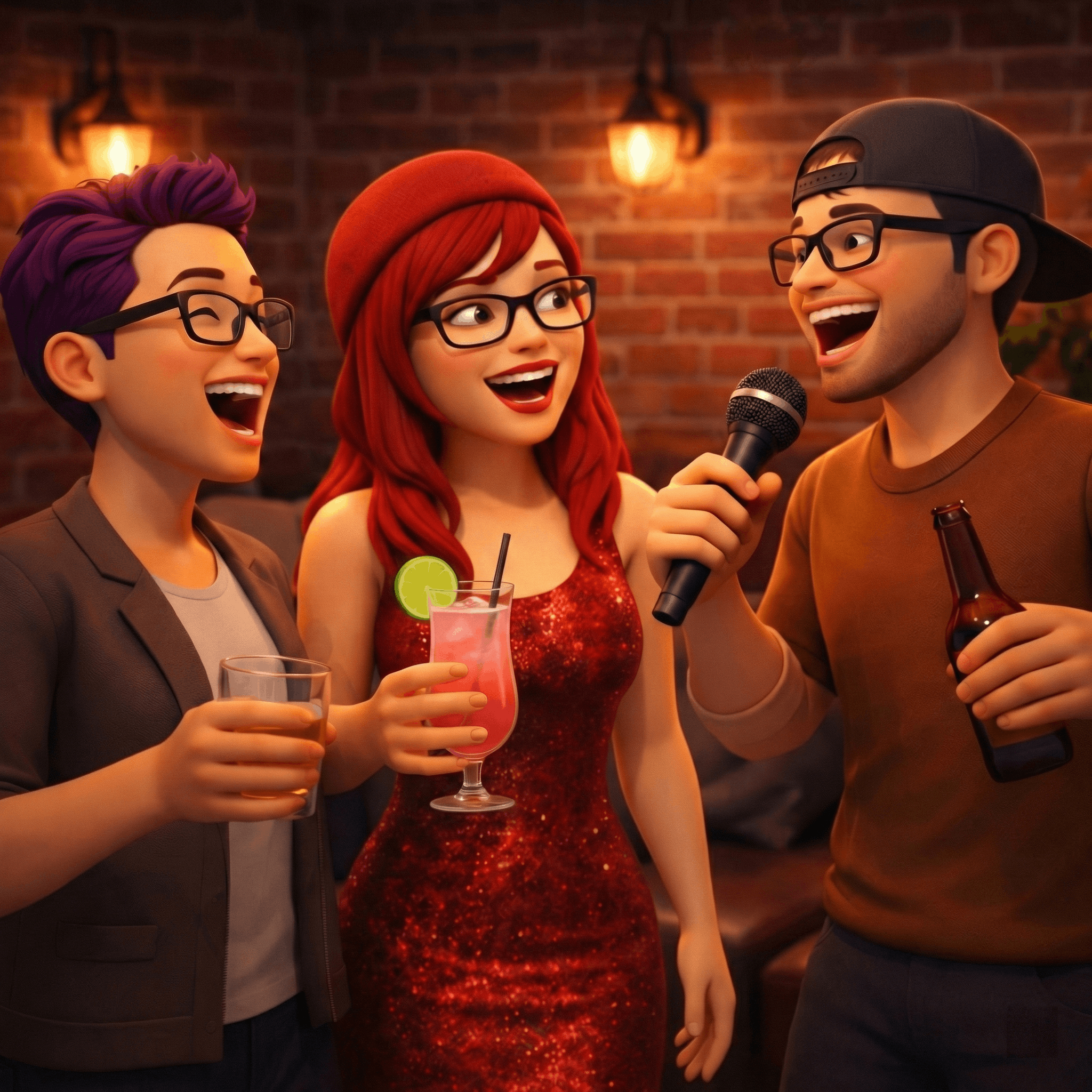 Three VR avatars lingering after a show — one still holding a mic, laughing together, drinks in hand, in a warmly lit backstage or lounge corner. Brick wall, low amber lighting, casual and candid energy.